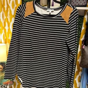 White Birch Black and White Striped Top with Brown Accents